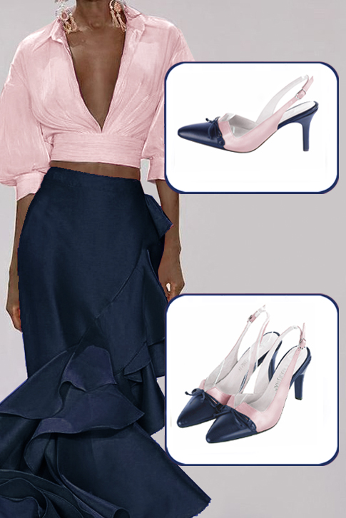 Women's navy blue and light pink elegant slingback heels, with a bow on the front. Tapered toe. High slim heel - Top view
